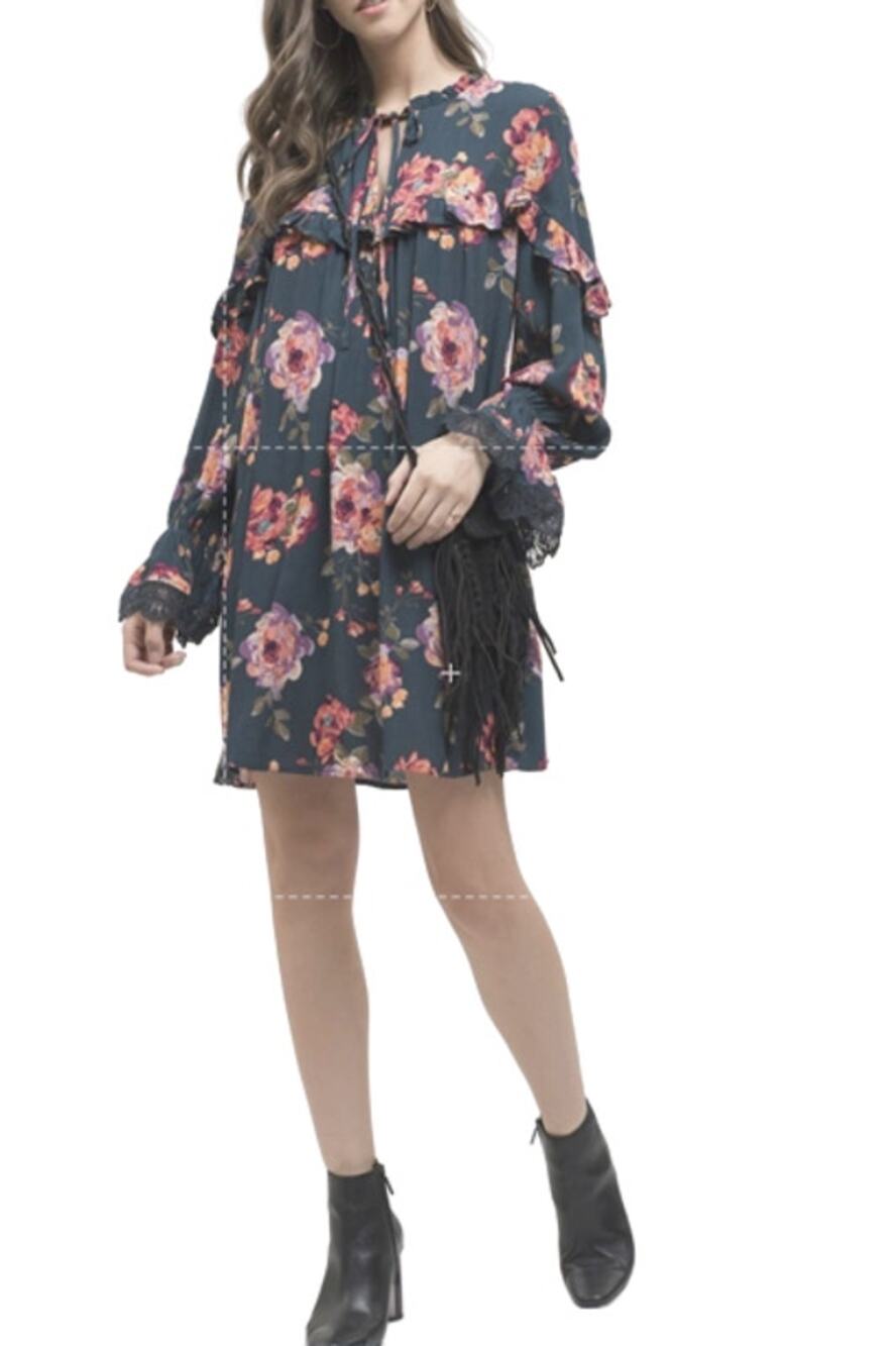 Blu Pepper Ruffled Floral Dress Green Pink Flowers Mini Boho Large